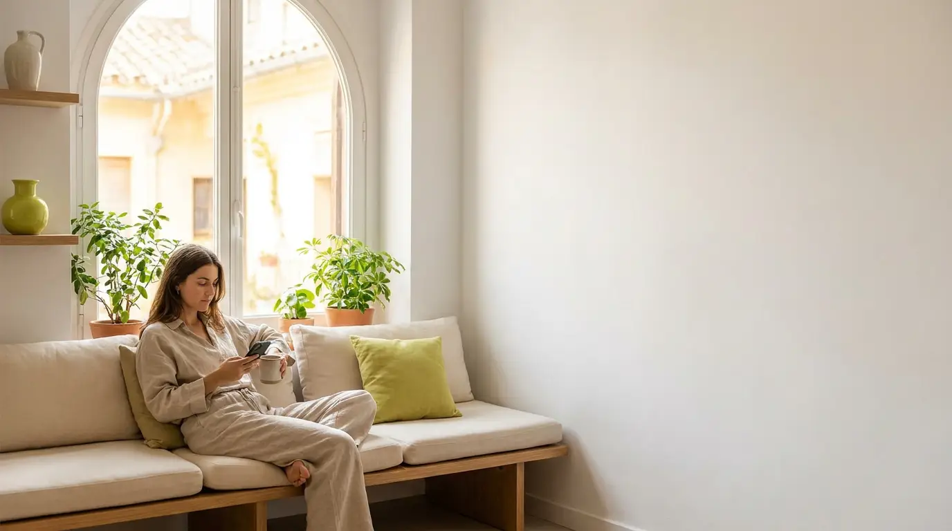 Persona relajada en su casa con luz natural, sin llamadas ni papeleo